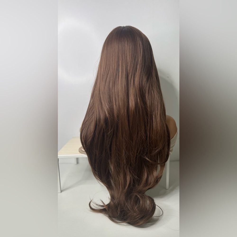 Long Chestnut Brown Synthetic Wig – Natural Brown, Curtain Bangs, Classic wig - Picture 8 of 11